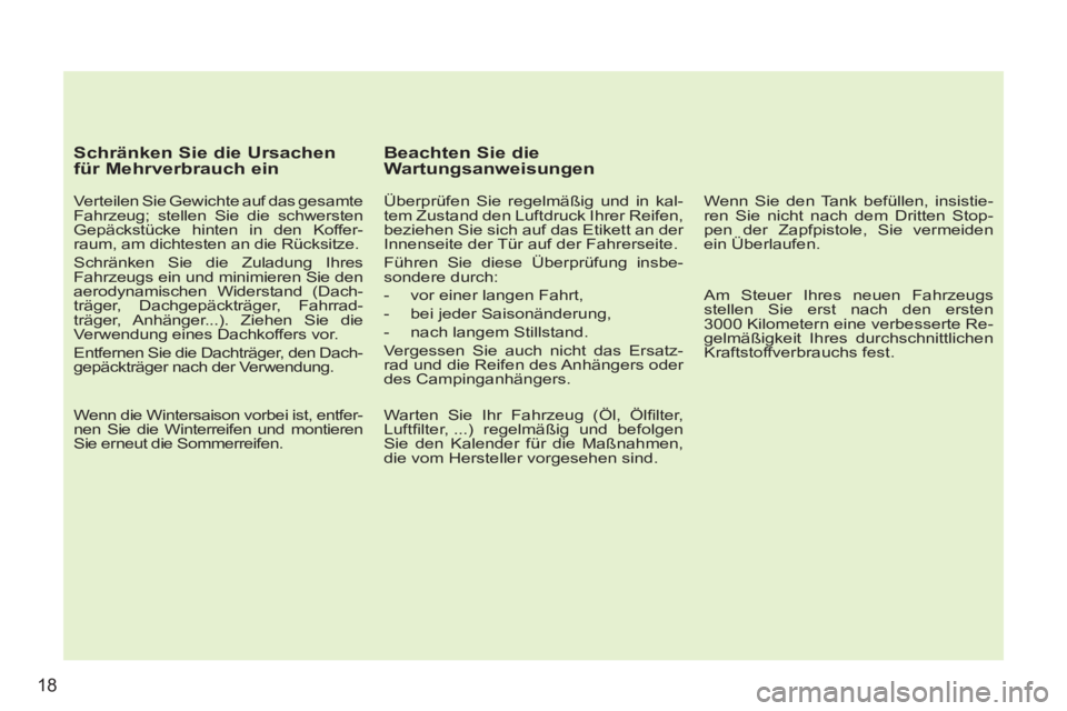 PEUGEOT 207 2011  Betriebsanleitungen (in German) 18
   
Schränken Sie die Ursachen 
für Mehrverbrauch ein 
   
Verteilen Sie Gewichte auf das gesamte 
Fahrzeug; stellen Sie die schwersten 
Gepäckstücke hinten in den Koffer-
raum, am dichtesten a