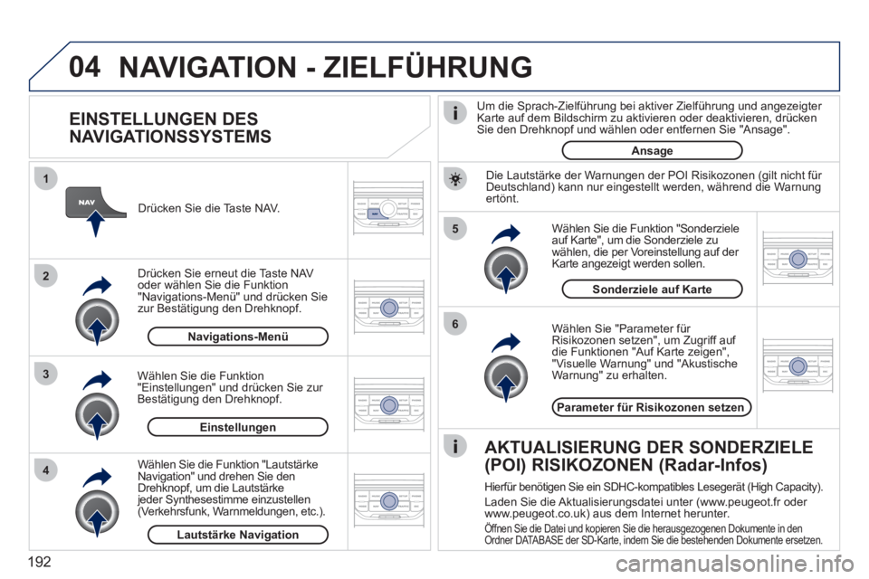 PEUGEOT 207 2011 Betriebsanleitungen (in German) 192
04
5
6
3 2 1
4
EINSTELLUNGEN DES
NAVIGATIONSSYSTEMS
Wählen Sie "Parameter für Risikozonen setzen" , um Zugriff auf
die Funktionen "Auf Karte zeigen" ,
"Visuelle Warnung" und "Ak PEUGEOT 207 2011 Betriebsanleitungen (in German) 192
04
5
6
3 2 1
4
EINSTELLUNGEN DES
NAVIGATIONSSYSTEMS
Wählen Sie "Parameter für Risikozonen setzen" , um Zugriff auf
die Funktionen "Auf Karte zeigen" ,
"Visuelle Warnung" und "Ak