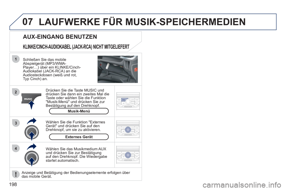 PEUGEOT 207 2011 Betriebsanleitungen (in German) 198
07
43 1
2
LAUFWERKE FÜR MUSIK-SPEICHERMEDIEN
Schließen Sie das mobileAbspielgerät (MP3/WMA-Player…) über ein KLINKE/Cinch-Audiokabel (JACK-RCA) an dieAudiosteckdosen (weiß und rot,
Ty PEUGEOT 207 2011 Betriebsanleitungen (in German) 198
07
43 1
2
LAUFWERKE FÜR MUSIK-SPEICHERMEDIEN
Schließen Sie das mobileAbspielgerät (MP3/WMA-Player…) über ein KLINKE/Cinch-Audiokabel (JACK-RCA) an dieAudiosteckdosen (weiß und rot,
Ty