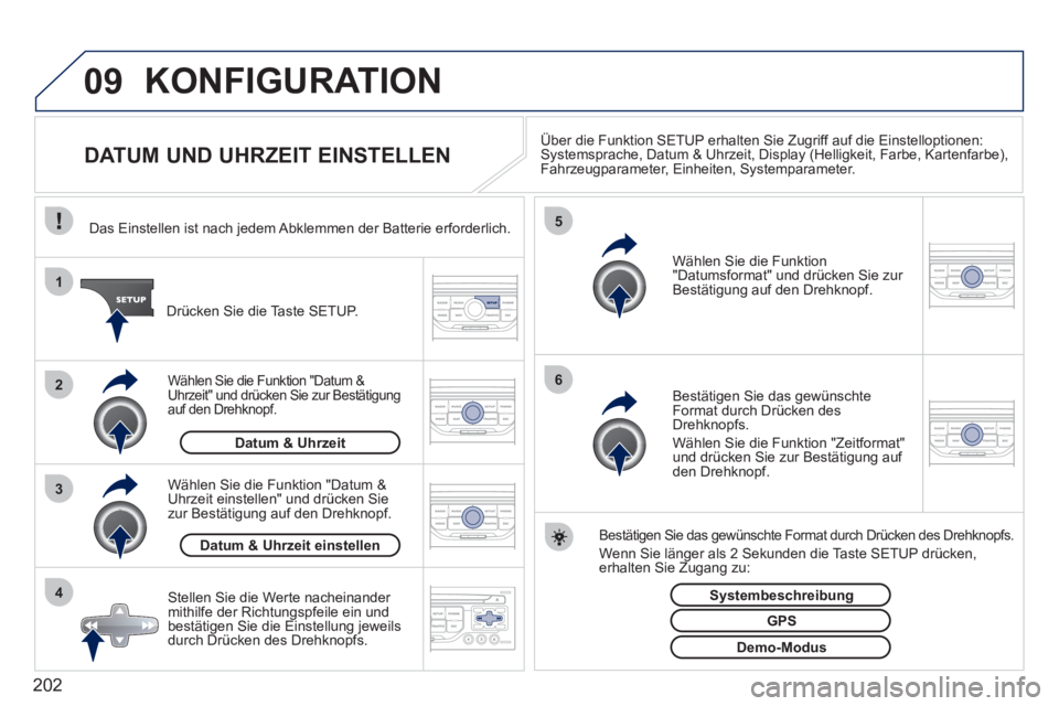 PEUGEOT 207 2011  Betriebsanleitungen (in German) 202
09
4 3 2 1
65
KONFIGURATION 
   
 
 
 
 
 
 
 
 
 
 
DATUM UND UHRZEIT EINSTELLEN Über die Funktion SETUP erhalten Sie Zugriff auf die Einstelloptionen: Systemsprache, Datum & Uhrzeit, Display (H
