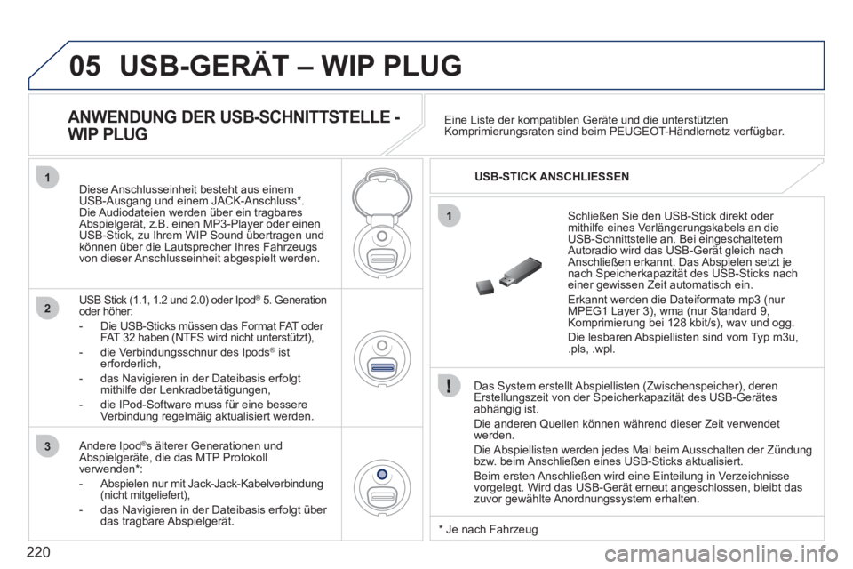 PEUGEOT 207 2011  Betriebsanleitungen (in German) 220
05
1
1
2
3
  USB-GERÄT – WIP PLUG 
 
 
Das System erstellt Abspiellisten (Zwischenspeicher), deren Erstellungszeit von der Speicherkapazität des USB-Gerätes
abhängig ist.
  Die anderen 
Quel