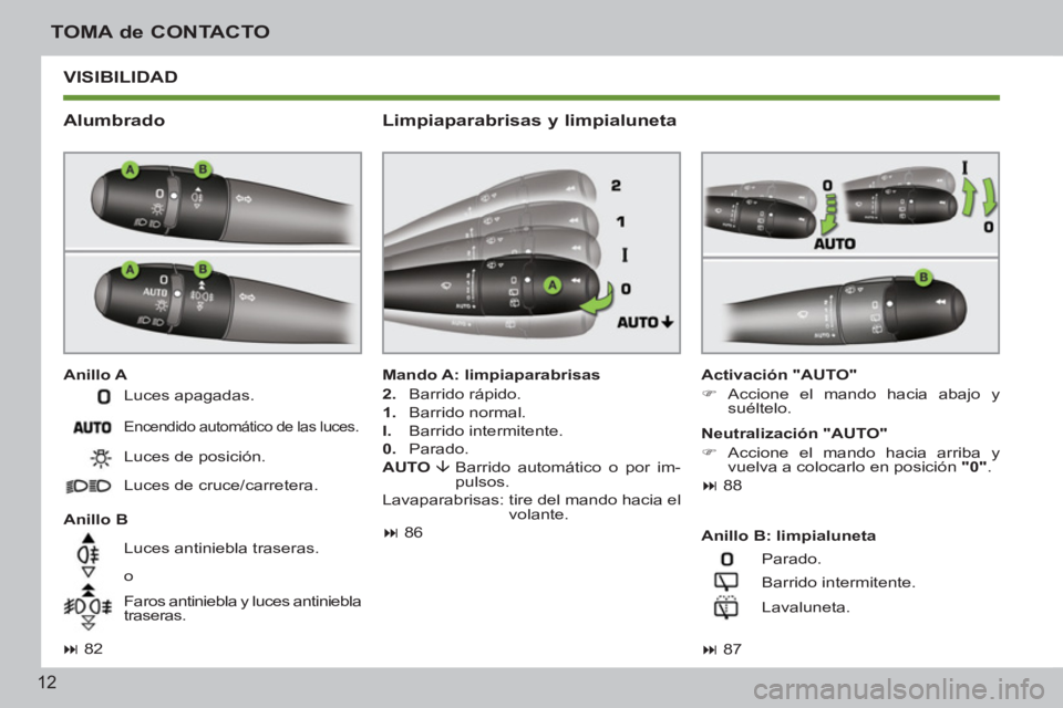 PEUGEOT 207 2011  Manual del propietario (in Spanish) 12
TOMA de CONTACTO
 VISIBILIDAD 
   
Alumbrado 
 
 
Anillo A  
 
Activación "AUTO" 
   
 
�) 
 Accione el mando hacia abajo y 
suéltelo.  
 
   
Anillo B    
Mando A: limpiaparabrisas 
   
2. 
 Bar