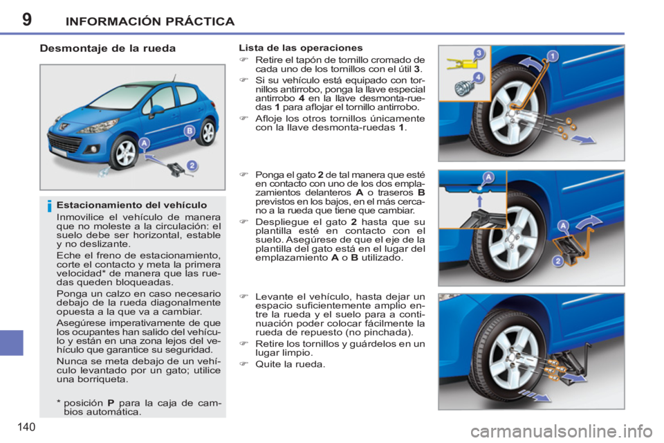 PEUGEOT 207 2011 Manual del propietario (in Spanish) 9
i
INFORMACIÓN PRÁCTICA
140
Estacionamiento del vehículo
Inmovilice el vehículo de manera
que no moleste a la circulación: el
suelo debe ser horizontal, estable
y no deslizante.
Ech PEUGEOT 207 2011 Manual del propietario (in Spanish) 9
i
INFORMACIÓN PRÁCTICA
140
Estacionamiento del vehículo
Inmovilice el vehículo de manera
que no moleste a la circulación: el
suelo debe ser horizontal, estable
y no deslizante.
Ech