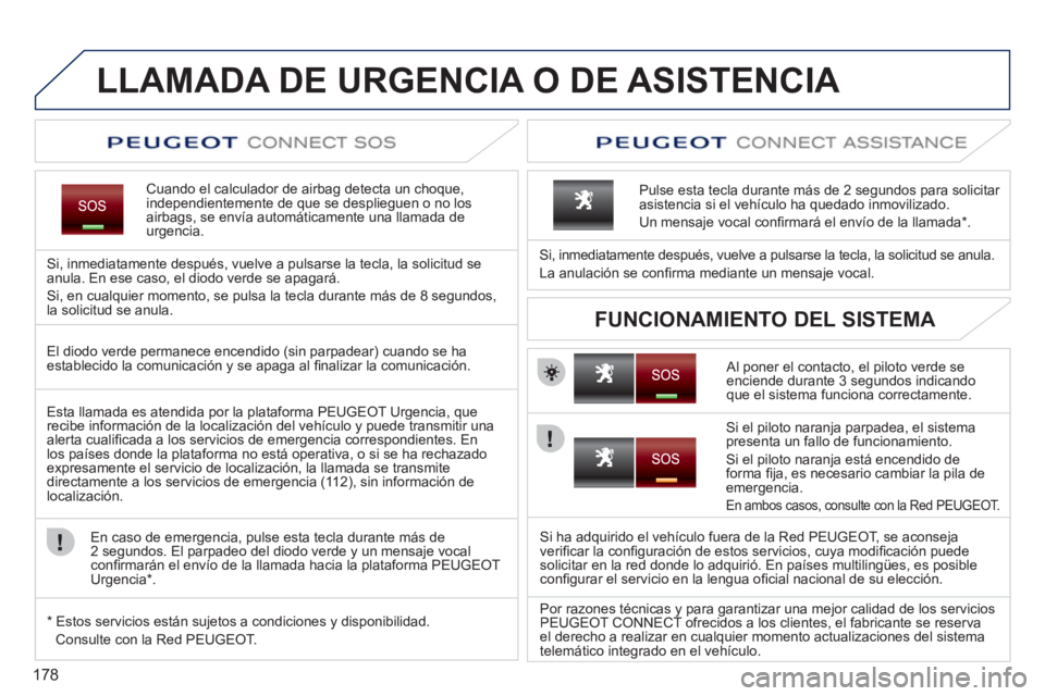 PEUGEOT 207 2011 Manual del propietario (in Spanish) 178
LLAMADA DE URGENCIA O DE ASISTENCIA
Cuando el calculador de airbag detecta un choque,independientemente de que se desplieguen o no los airbags, se envía automáticamente una llamada deurgencia PEUGEOT 207 2011 Manual del propietario (in Spanish) 178
LLAMADA DE URGENCIA O DE ASISTENCIA
Cuando el calculador de airbag detecta un choque,independientemente de que se desplieguen o no los airbags, se envía automáticamente una llamada deurgencia
