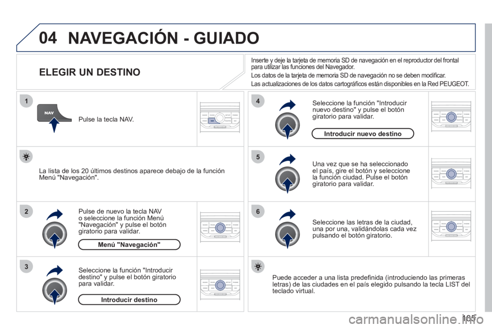 PEUGEOT 207 2011 Manual del propietario (in Spanish) 185
04
1
2
3
5
6
4
NAVEGACIÓN - GUIADO
ELEGIR UN DESTINO
Pulse de nuevo la tecla NAV o seleccione la función Menú "Navegación" y pulse el botón giratorio para PEUGEOT 207 2011 Manual del propietario (in Spanish) 185
04
1
2
3
5
6
4
NAVEGACIÓN - GUIADO
ELEGIR UN DESTINO
Pulse de nuevo la tecla NAV o seleccione la función Menú "Navegación" y pulse el botón giratorio para