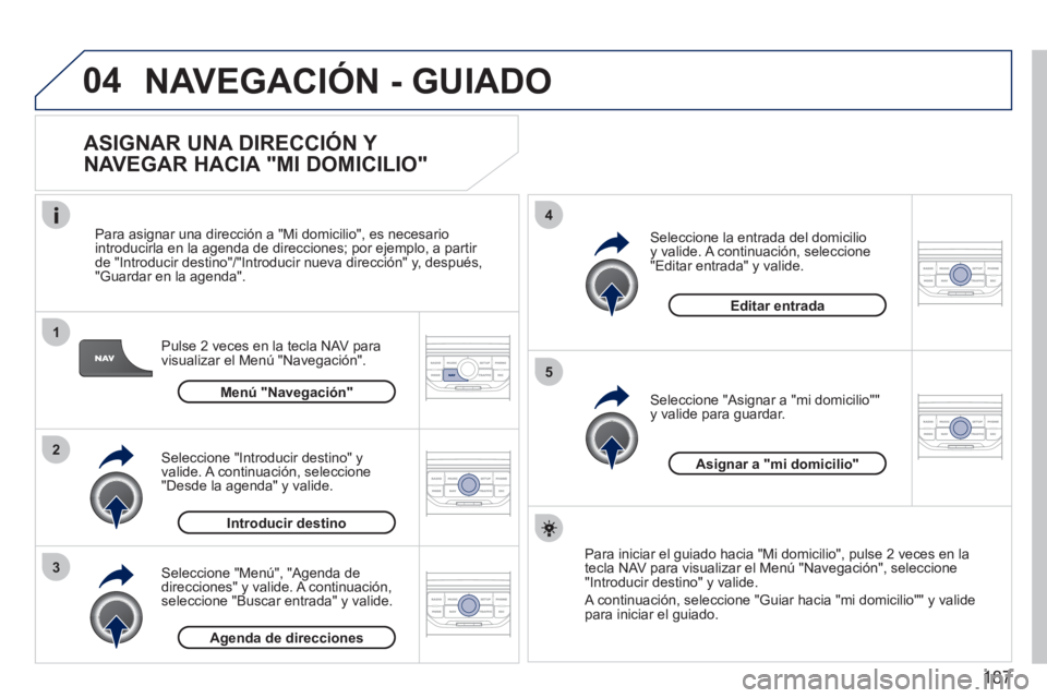 PEUGEOT 207 2011 Manual del propietario (in Spanish) 187
04
1
2
3
5
4
NAVEGACIÓN - GUIADO
ASIGNAR UNA DIRECCIÓN Y
NAVEGAR HACIA "MI DOMICILIO"
Pulse 2 veces en la tecla NAV para
visualizar el Menú "Navegación".
Para asi
gnar una direcci PEUGEOT 207 2011 Manual del propietario (in Spanish) 187
04
1
2
3
5
4
NAVEGACIÓN - GUIADO
ASIGNAR UNA DIRECCIÓN Y
NAVEGAR HACIA "MI DOMICILIO"
Pulse 2 veces en la tecla NAV para
visualizar el Menú "Navegación".
Para asi
gnar una direcci