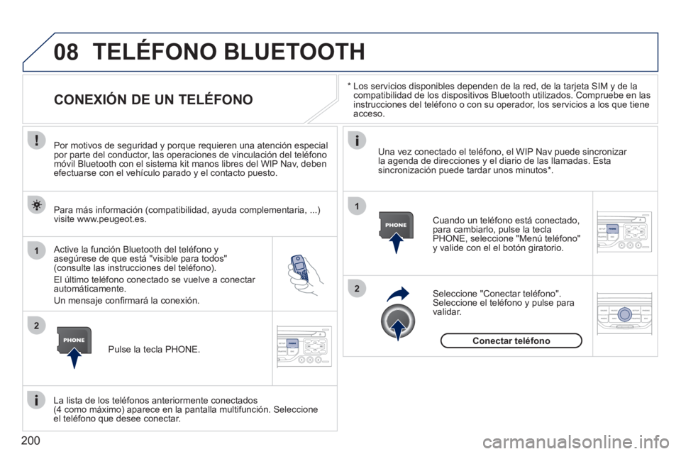 PEUGEOT 207 2011 Manual del propietario (in Spanish) 200
08
1
2
2
1
*
Los servicios disponibles dependen de la red, de la tarjeta SIM y de lacompatibilidad de los dispositivos Bluetooth utilizados. Compruebe en las
instrucciones del teléfono o PEUGEOT 207 2011 Manual del propietario (in Spanish) 200
08
1
2
2
1
*
Los servicios disponibles dependen de la red, de la tarjeta SIM y de lacompatibilidad de los dispositivos Bluetooth utilizados. Compruebe en las
instrucciones del teléfono o