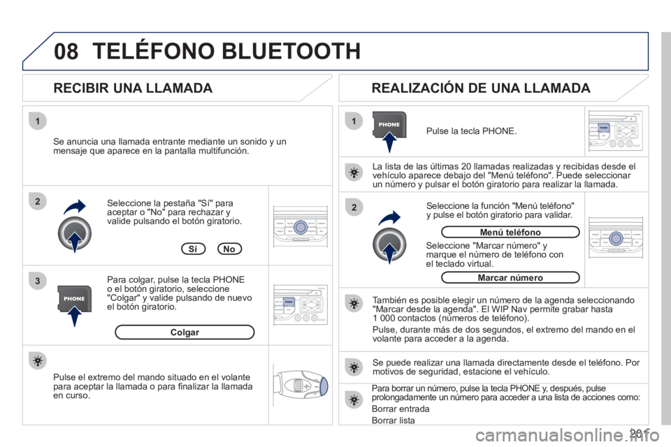 PEUGEOT 207 2011 Manual del propietario (in Spanish) 201
08
1
3 2
2 1Seleccione la pestaña "Sí" para aceptar o "No" para rechazar y
valide pulsando el botón giratorio.
RECIBIR UNA LLAMADA
REALIZACIÓN DE UNA LLAMADA
Se anuncia una llama PEUGEOT 207 2011 Manual del propietario (in Spanish) 201
08
1
3 2
2 1Seleccione la pestaña "Sí" para aceptar o "No" para rechazar y
valide pulsando el botón giratorio.
RECIBIR UNA LLAMADA
REALIZACIÓN DE UNA LLAMADA
Se anuncia una llama