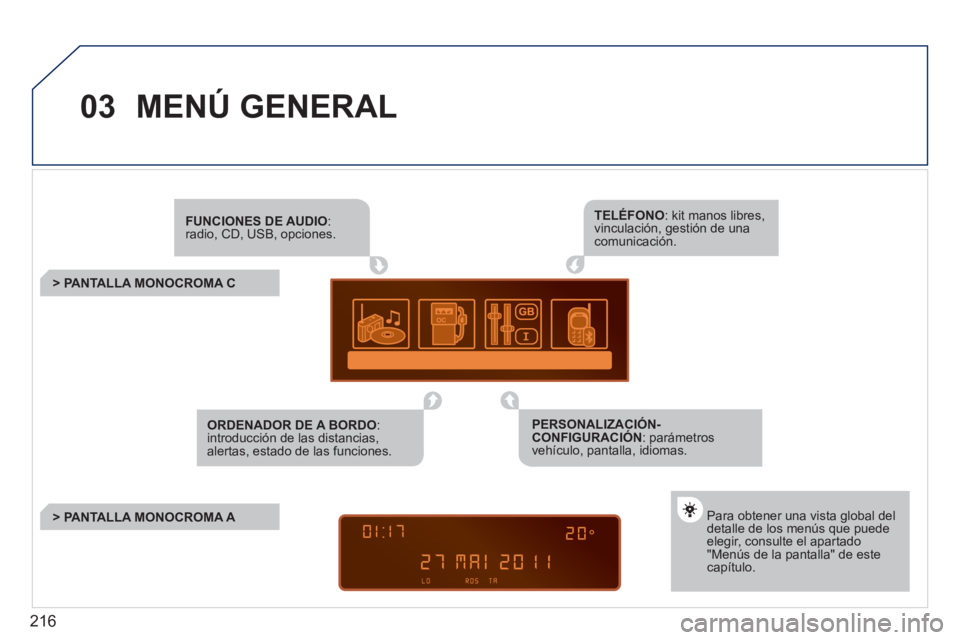 PEUGEOT 207 2011  Manual del propietario (in Spanish) 216
03  MENÚ GENERAL
FUNCIONES DE AUDIO 
:radio, CD, USB, opciones.  
 
 
 
 
 
 
 
 
 
> PANTALLA MONOCROMA C
Para obtener una vista global deldetalle de los menús que puede elegir, consulte el apa