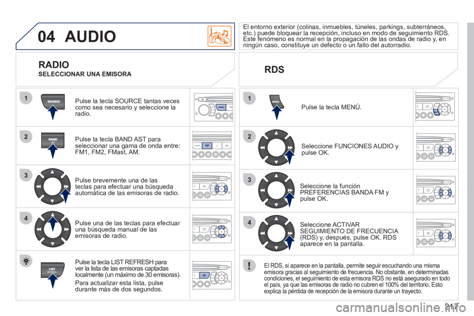 PEUGEOT 207 2011  Manual del propietario (in Spanish) 217
04
1
2
3
4
1
2
3
4
  AUDIO 
 
Pulse la tecla SOURCE tantas vecescomo sea necesario y seleccione laradio.  
   
Pulse la tecla BAND A
ST paraseleccionar una gama de onda entre: 
FM1, FM2, FMast, AM
