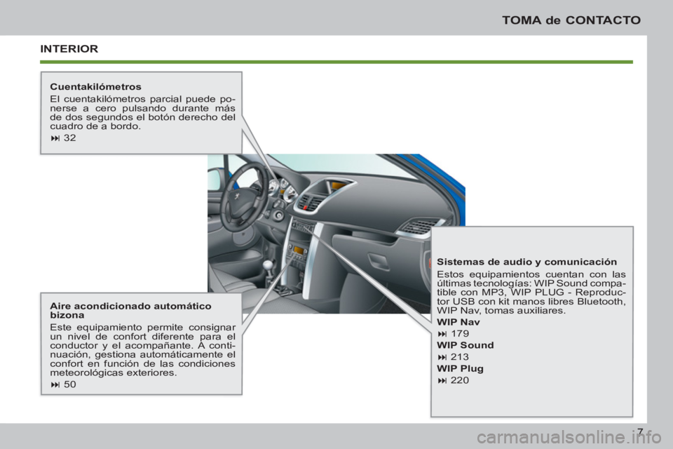 PEUGEOT 207 2011  Manual del propietario (in Spanish) 7
TOMA de CONTACTO
  INTERIOR
 
 
Aire acondicionado automático 
bizona 
  Este equipamiento permite consignar 
un nivel de confort diferente para el 
conductor y el acompañante. A conti-
nuación, 