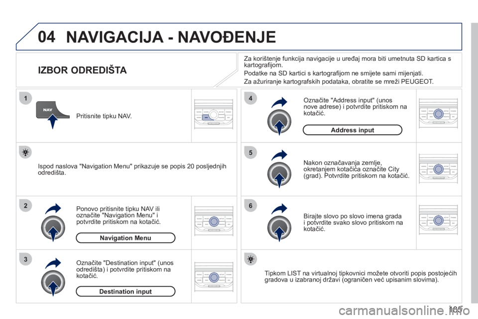 PEUGEOT 207 2011 Upute Za Rukovanje (in Croatian) 185
04
1
2
3
5
6
4
NAVIGACIJA - NAVOĐENJE
IZBOR ODREDIŠTA
Ponovo pritisnite tipku NAV ilioznačite "Navigation Menu" i
potvrdite pritiskom na kotačić.
Označite PEUGEOT 207 2011 Upute Za Rukovanje (in Croatian) 185
04
1
2
3
5
6
4
NAVIGACIJA - NAVOĐENJE
IZBOR ODREDIŠTA
Ponovo pritisnite tipku NAV ilioznačite "Navigation Menu" i
potvrdite pritiskom na kotačić.
Označite
