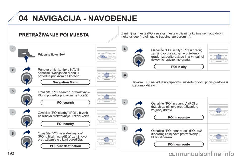 PEUGEOT 207 2011 Upute Za Rukovanje (in Croatian) 190
04
8
6
7
4
3
5
2
1
NAVIGACIJA - NAVOĐENJE
PRETRAŽIVANJE POI MJESTA
Pritisnite tipku NAV.
Ponovo pritisnite tipku NAV ili označite "Navigation Menu" ipotvrdite pritiskom na kotači PEUGEOT 207 2011 Upute Za Rukovanje (in Croatian) 190
04
8
6
7
4
3
5
2
1
NAVIGACIJA - NAVOĐENJE
PRETRAŽIVANJE POI MJESTA
Pritisnite tipku NAV.
Ponovo pritisnite tipku NAV ili označite "Navigation Menu" ipotvrdite pritiskom na kotači