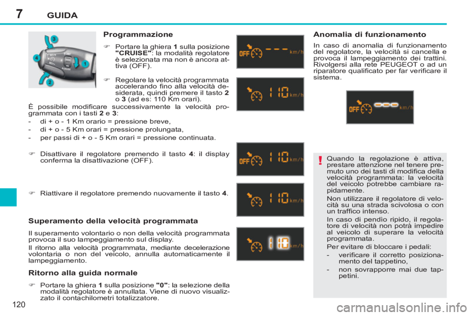 PEUGEOT 207 2011 Manuale duso (in Italian) 7
!
GUIDA
120
Quando la regolazione è attiva,
prestare attenzione nel tenere pre-
muto uno dei tasti di modifi ca della
velocità programmata: la velocità
del veicolo potrebbe cambiare ra-
pid PEUGEOT 207 2011 Manuale duso (in Italian) 7
!
GUIDA
120
Quando la regolazione è attiva,
prestare attenzione nel tenere pre-
muto uno dei tasti di modifi ca della
velocità programmata: la velocità
del veicolo potrebbe cambiare ra-
pid