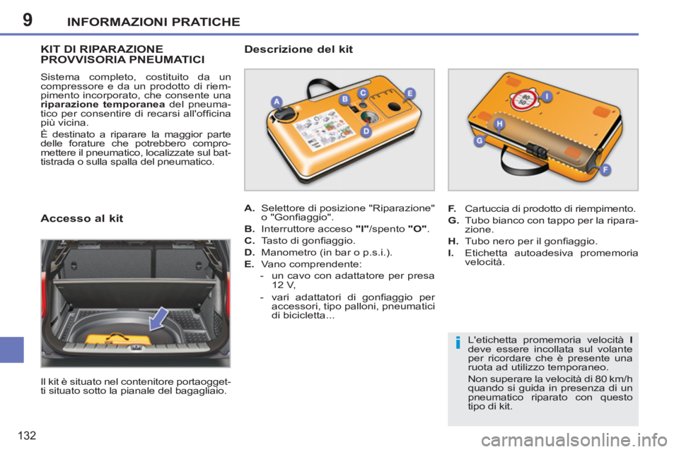 PEUGEOT 207 2011 Manuale duso (in Italian) 9
i
INFORMAZIONI PRATICHE
132
KIT DI RIPARAZIONE PROVVISORIA PNEUMATICI
Sistema completo, costituito da un
compressore e da un prodotto di riem-
pimento incorporato, che consente una
riparazione PEUGEOT 207 2011 Manuale duso (in Italian) 9
i
INFORMAZIONI PRATICHE
132
KIT DI RIPARAZIONE PROVVISORIA PNEUMATICI
Sistema completo, costituito da un
compressore e da un prodotto di riem-
pimento incorporato, che consente una
riparazione