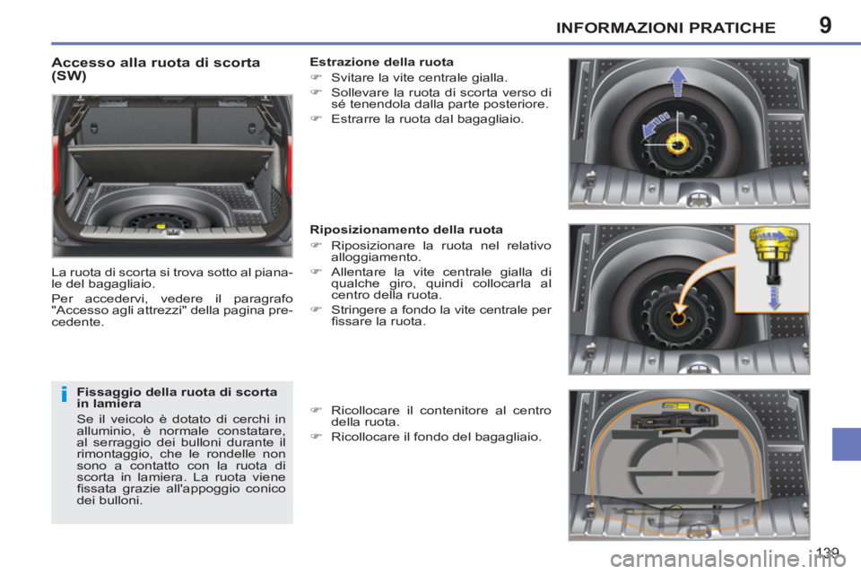 PEUGEOT 207 2011 Manuale duso (in Italian) 9
i
INFORMAZIONI PRATICHE
139
Accesso alla ruota di scorta
(SW)
La ruota di scorta si trova sotto al piana-
le del bagagliaio.
Per accedervi, vedere il paragrafo
"Accesso agli attrezzi" de PEUGEOT 207 2011 Manuale duso (in Italian) 9
i
INFORMAZIONI PRATICHE
139
Accesso alla ruota di scorta
(SW)
La ruota di scorta si trova sotto al piana-
le del bagagliaio.
Per accedervi, vedere il paragrafo
"Accesso agli attrezzi" de
