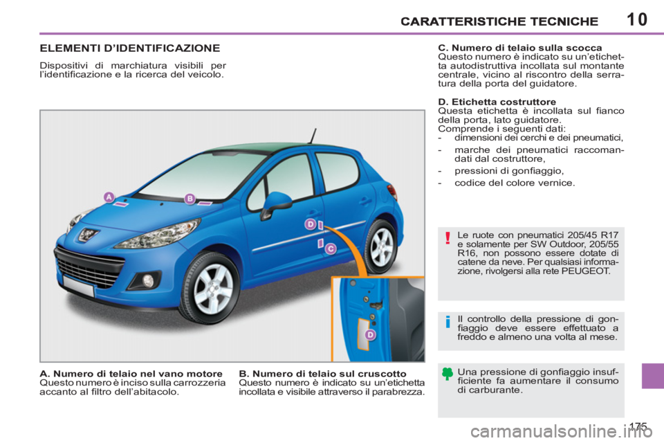 PEUGEOT 207 2011  Manuale duso (in Italian) 10
!
i
175
ELEMENTI D’IDENTIFICAZIONE 
  Dispositivi di marchiatura visibili per 
l’identiﬁ cazione e la ricerca del veicolo. 
 
Le ruote con pneumatici 205/45 R17 
e solamente per SW Outdoor, 2
