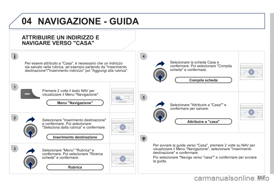 PEUGEOT 207 2011  Manuale duso (in Italian) 187
04
1
2
3
5
4
  NAVIGAZIONE - GUIDA 
 
 
ATTRIBUIRE UN INDIRIZZO E 
NAVIGARE VERSO "CASA" 
Premere 2 volte il tasto NAV per 
visualizzare il Menu "Navigazione".     
Per essere attribuito a "Casa"
