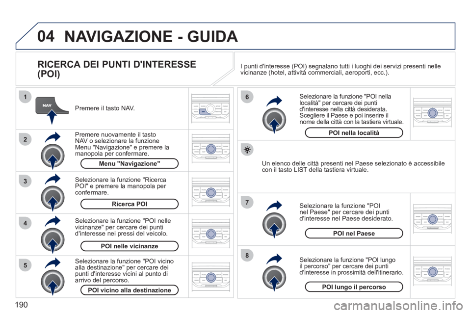 PEUGEOT 207 2011  Manuale duso (in Italian) 190
04
8
6
7
4
3
5
2
1
NAVIGAZIONE - GUIDA 
   
RICERCA DEI PUNTI DINTERESSE 
(POI) 
   
Premere il tasto NAV.  
   
Pr
emere nuovamente il tasto NAV  o selezionare la funzione Menu "Navigazione" e p