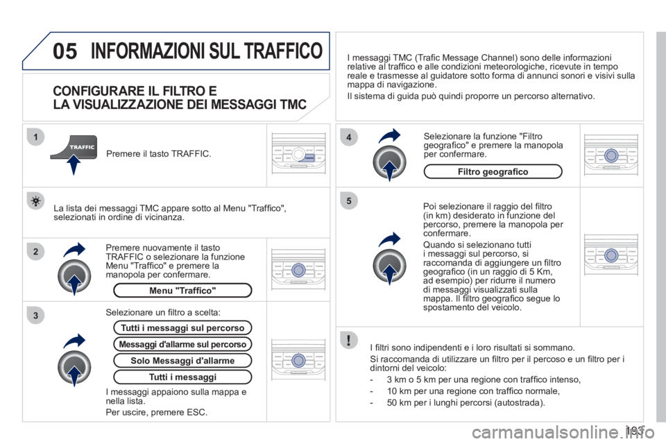 PEUGEOT 207 2011  Manuale duso (in Italian) 193
05
2 1
3
4
5
INFORMAZIONI SUL TRAFFICO 
   
 
 
 
 
 
 
 
 
CONFIGUR ARE IL FILTRO E 
LA VISUALIZZAZIONE DEI MESSAGGI TMC 
   
Poi selezionare il raggio del ﬁ ltro(in km) desiderato in funzione 