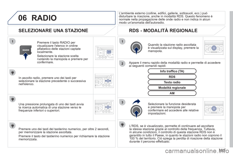PEUGEOT 207 2011  Manuale duso (in Italian) 195
06
3 2 1 1
 
 
 
 
 
 
 
SELEZIONARE UNA STAZIONE 
 
 Quando la stazione radio ascoltata è visualizzata sul display, premere la manopola.
   
Appare il menu rapido della modalità radio e permett