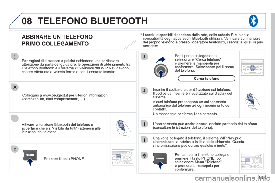 PEUGEOT 207 2011 Manuale duso (in Italian) 199
08
1
2
3
4
TELEFONO BLUETOOTH
*
I servizi disponibili dipendono dalla rete, dalla scheda SIM e dalla compatibilità degli apparecchi Bluetooth utilizzati. Verifi care sul manuale
del proprio PEUGEOT 207 2011 Manuale duso (in Italian) 199
08
1
2
3
4
TELEFONO BLUETOOTH
*
I servizi disponibili dipendono dalla rete, dalla scheda SIM e dalla compatibilità degli apparecchi Bluetooth utilizzati. Verifi care sul manuale
del proprio