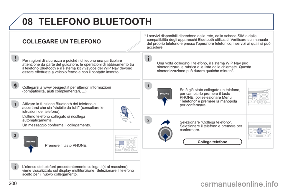 PEUGEOT 207 2011 Manuale duso (in Italian) 200
08
1
2
2
1
*
I servizi disponibili dipendono dalla rete, dalla scheda SIM e dallacompatibilità degli apparecchi Bluetooth utilizzati. Verifi care sul manuale
del proprio telefono e pres PEUGEOT 207 2011 Manuale duso (in Italian) 200
08
1
2
2
1
*
I servizi disponibili dipendono dalla rete, dalla scheda SIM e dallacompatibilità degli apparecchi Bluetooth utilizzati. Verifi care sul manuale
del proprio telefono e pres