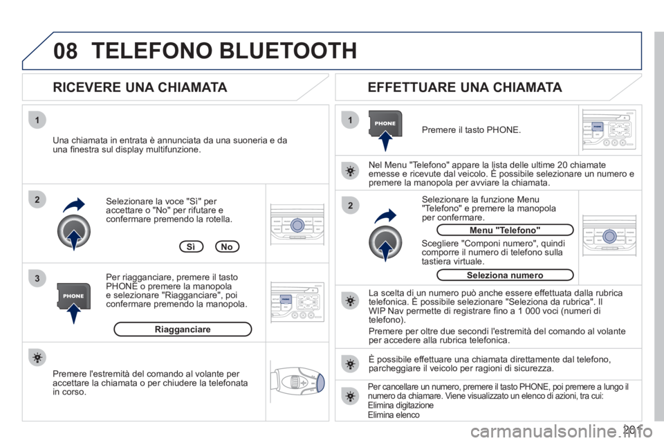 PEUGEOT 207 2011 Manuale duso (in Italian) 201
08
1
3 2
2 1Selezionare la voce "Sì" per accettare o "No" per rifutare e confermare premendo la rotella.
RICEVERE UNA CHIAMATA
EFFETTUARE UNA CHIAMATA
Una chiamata in entrata è ann PEUGEOT 207 2011 Manuale duso (in Italian) 201
08
1
3 2
2 1Selezionare la voce "Sì" per accettare o "No" per rifutare e confermare premendo la rotella.
RICEVERE UNA CHIAMATA
EFFETTUARE UNA CHIAMATA
Una chiamata in entrata è ann