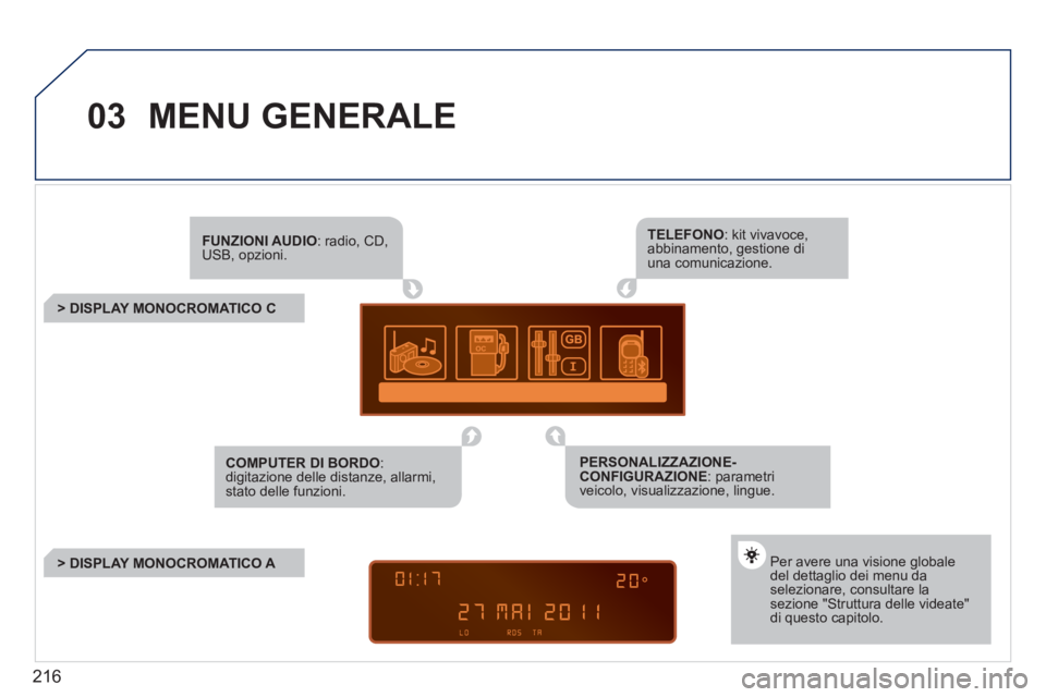 PEUGEOT 207 2011  Manuale duso (in Italian) 216
03  MENU GENERALE 
FUNZIONI AUDIO: radio, CD,USB, opzioni.
 
 
 
 
 
 
 
 
 
> DISPLAY MONOCROMATICO C  
Per avere una visione globaledel dettaglio dei menu daselezionare, consultare la sezione "S