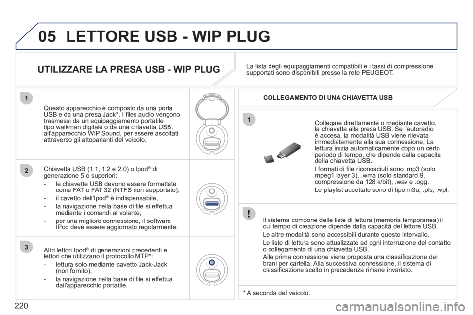 PEUGEOT 207 2011  Manuale duso (in Italian) 220
05
1
1
2
3
  LETTORE USB - WIP PLUG 
 
 
Il sistema compone delle liste di lettura (memoria temporanea) ilcui tempo di creazione dipende dalla capacità del lettore USB. 
  Le altre modalità sono