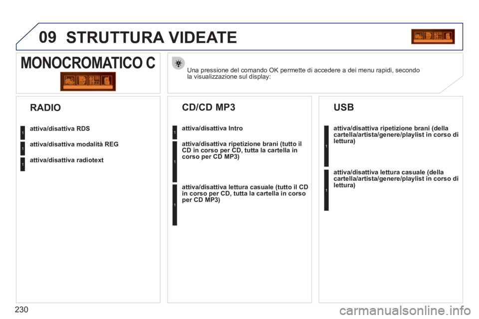PEUGEOT 207 2011  Manuale duso (in Italian) 230
09STRUTTURA VIDEATE
Una pressione del comando OK permette di accedere a dei menu rapidi, secondola visualizzazione sul display:  
MONOCROMATICO C 
attiva/disattiva RDS
attiva/disattiva modalità R