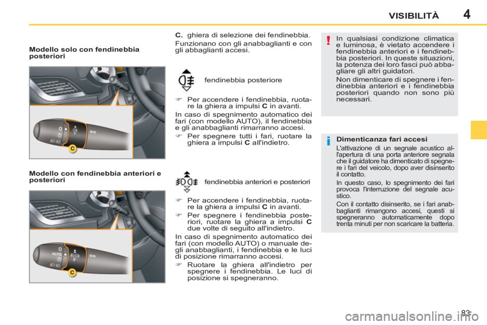 PEUGEOT 207 2011 Manuale duso (in Italian) 4
!
i
83
VISIBILITÀ
Modello solo con fendinebbia
posteriori
Modello con fendinebbia anteriori e
posteriori
fendinebbia anteriori e posteriori fendinebbia posteriore
C.
ghier PEUGEOT 207 2011 Manuale duso (in Italian) 4
!
i
83
VISIBILITÀ
Modello solo con fendinebbia
posteriori
Modello con fendinebbia anteriori e
posteriori
fendinebbia anteriori e posteriori fendinebbia posteriore
C.
ghier