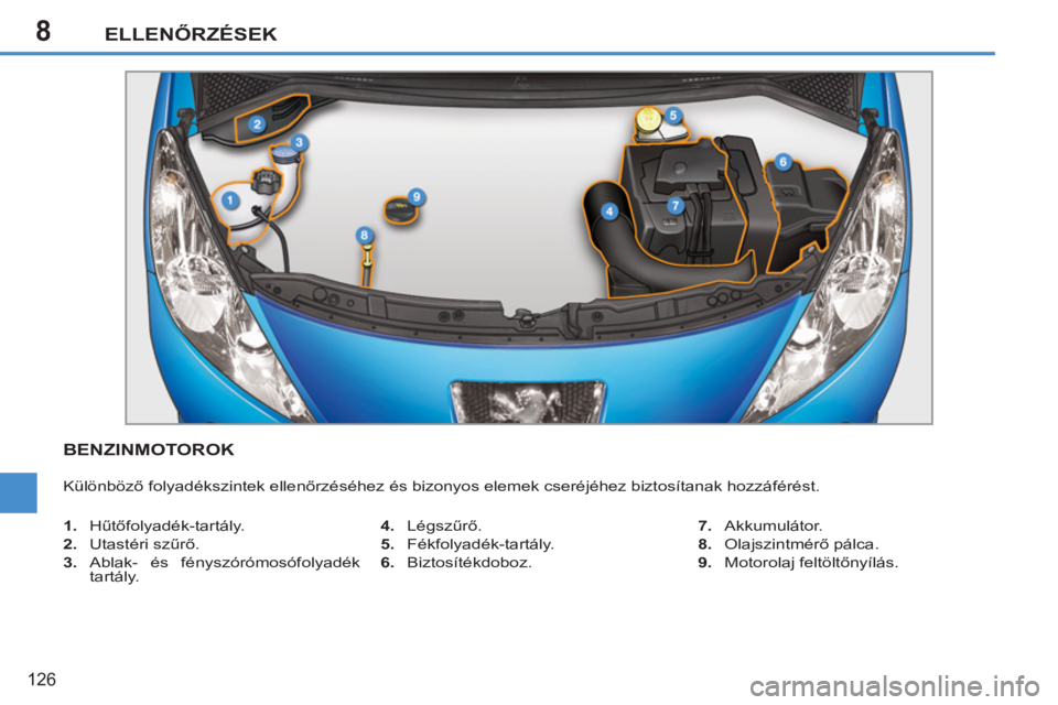 PEUGEOT 207 2011 Kezelési útmutató (in Hungarian) 8ELLENŐRZÉSEK
126
BENZINMOTOROK
Különböző folyadékszintek ellenőrzéséhez és bizonyos elemek cseréjéhez biztosítanak hozzáférést.
1.
Hűtőfolyadék-tartály.
2.
Uta PEUGEOT 207 2011 Kezelési útmutató (in Hungarian) 8ELLENŐRZÉSEK
126
BENZINMOTOROK
Különböző folyadékszintek ellenőrzéséhez és bizonyos elemek cseréjéhez biztosítanak hozzáférést.
1.
Hűtőfolyadék-tartály.
2.
Uta