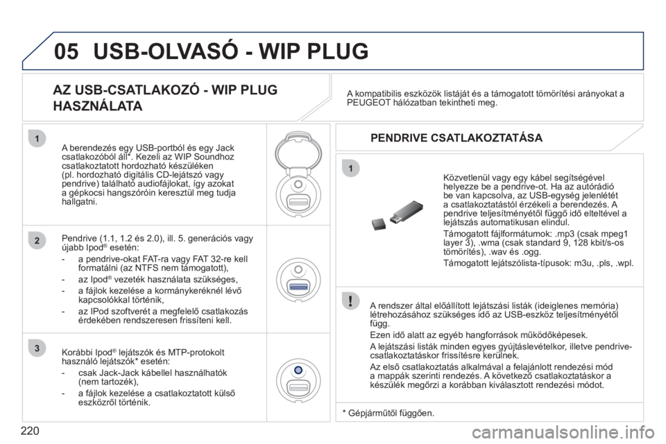 PEUGEOT 207 2011  Kezelési útmutató (in Hungarian) 220
05
1
1
2
3
  USB-OLVASÓ - WIP PLUG
 
 
A rendszer által előállított lejátszási listák (ideiglenes memória)létrehozásához szükséges idő az USB-eszköz teljesítményétől
függ.
  E