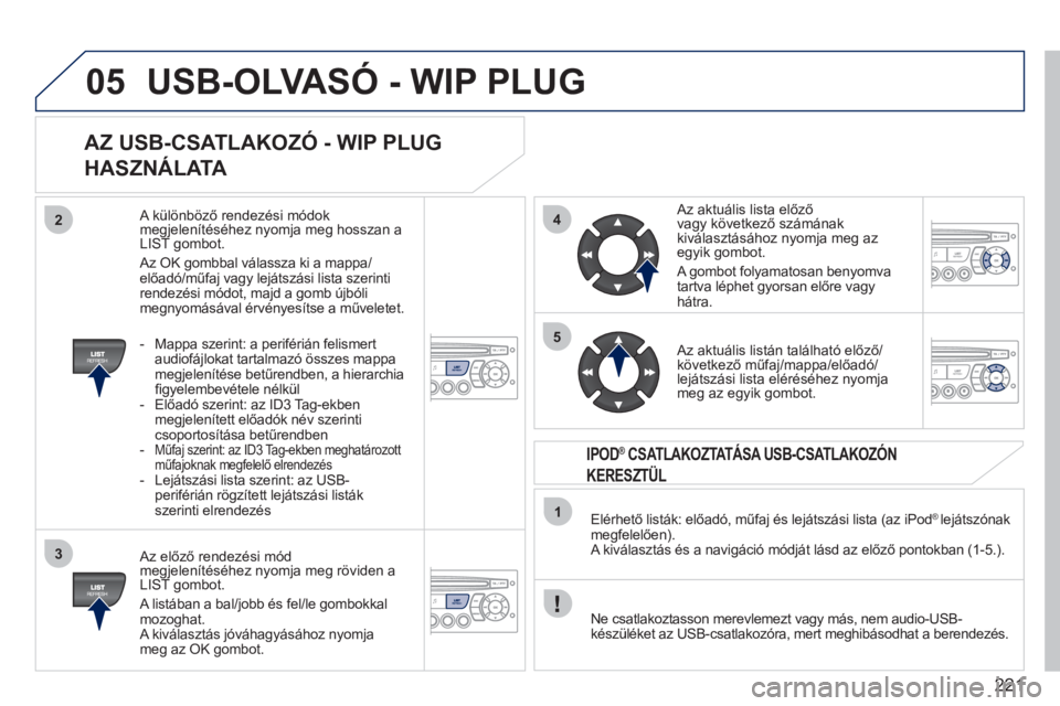 PEUGEOT 207 2011  Kezelési útmutató (in Hungarian) 221
05
42
3
1
5
USB-OLVASÓ - WIP PLUG 
AZ USB-CSATLAKOZÓ - WIP PLUG 
HASZNÁLAT
A 
   Az előző rendez