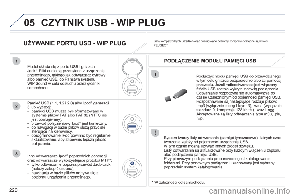 PEUGEOT 207 2011 Instrukcja obsługi (in Polish) 220
05
1
1
2
3
CZYTNIK USB - WIP PLUG
System tworzy listy odtwarzania (pamięć tymczasowa), których czas
tworzenia zależy od pojemności urządzenia USB.
W tym czasie można używać inn PEUGEOT 207 2011 Instrukcja obsługi (in Polish) 220
05
1
1
2
3
CZYTNIK USB - WIP PLUG
System tworzy listy odtwarzania (pamięć tymczasowa), których czas
tworzenia zależy od pojemności urządzenia USB.
W tym czasie można używać inn