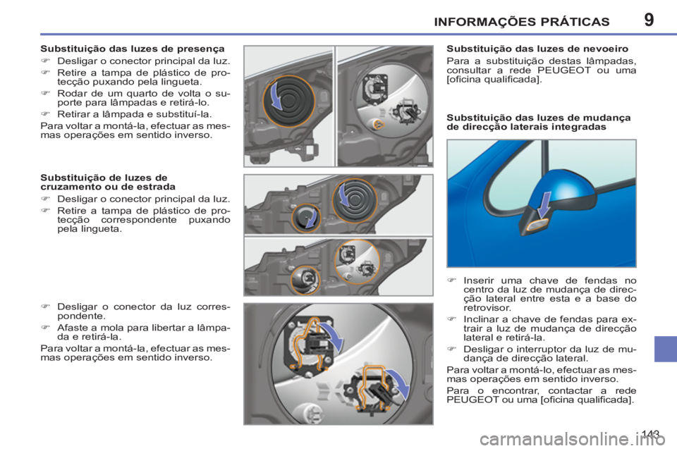 PEUGEOT 207 2011  Manual de utilização (in Portuguese) 9INFORMAÇÕES PRÁTICAS
143
   
Substituição das luzes de presença 
   
 
�) 
  Desligar o conector principal da luz. 
   
�) 
  Retire a tampa de plástico de pro-
tecção puxando pela lingueta.