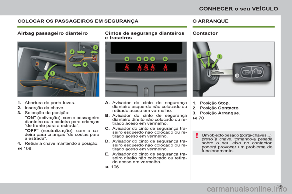 PEUGEOT 207 2011  Manual de utilização (in Portuguese) !
15
CONHECER o seu VEÍCULO
   
Airbag passageiro dianteiro O ARRANQUE
   
 
1. 
  Abertura do porta-luvas. 
   
2. 
  Inserção da chave. 
   
3. 
  Selecção da posição:  
  "ON" 
 (activação
