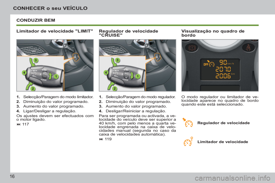 PEUGEOT 207 2011  Manual de utilização (in Portuguese) 16
CONHECER o seu VEÍCULO
  CONDUZIR BEM 
   
Limitador de velocidade "LIMIT"    
Visualização no quadro de 
bordo 
   
 
1. 
  Selecção/Paragem do modo limitador. 
   
2. 
  Diminuição do valo