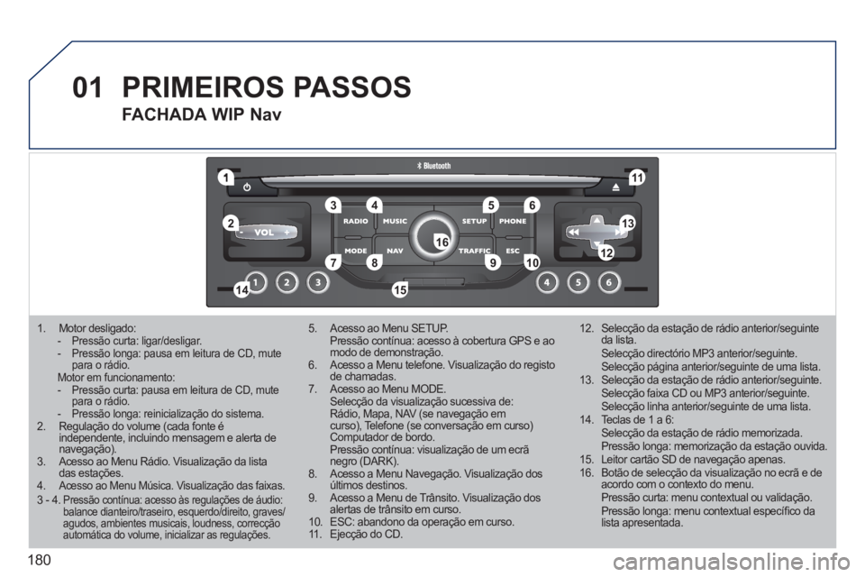 PEUGEOT 207 2011 Manual de utilização (in Portuguese) 180
01
1
55
101
22
334466
131
111
99
144155
77881212161
1. Motor desligado: - Pressão curta: ligar/desligar. - Pressão longa: pausa em leitura de CD, mute para o rádio. Motor em funcionamento: - PEUGEOT 207 2011 Manual de utilização (in Portuguese) 180
01
1
55
101
22
334466
131
111
99
144155
77881212161
1. Motor desligado: - Pressão curta: ligar/desligar. - Pressão longa: pausa em leitura de CD, mute para o rádio. Motor em funcionamento: -