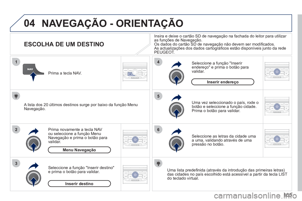 PEUGEOT 207 2011 Manual de utilização (in Portuguese) 185
04
1
2
3
5
6
4
NAVEGAÇÃO - ORIENTAÇÃO
ESCOLHA DE UM DESTINO
Prima novamente a tecla NAV
ou seleccione a função Menu
Navegação e prima o botão para
v
a PEUGEOT 207 2011 Manual de utilização (in Portuguese) 185
04
1
2
3
5
6
4
NAVEGAÇÃO - ORIENTAÇÃO
ESCOLHA DE UM DESTINO
Prima novamente a tecla NAV
ou seleccione a função Menu
Navegação e prima o botão para
v
a