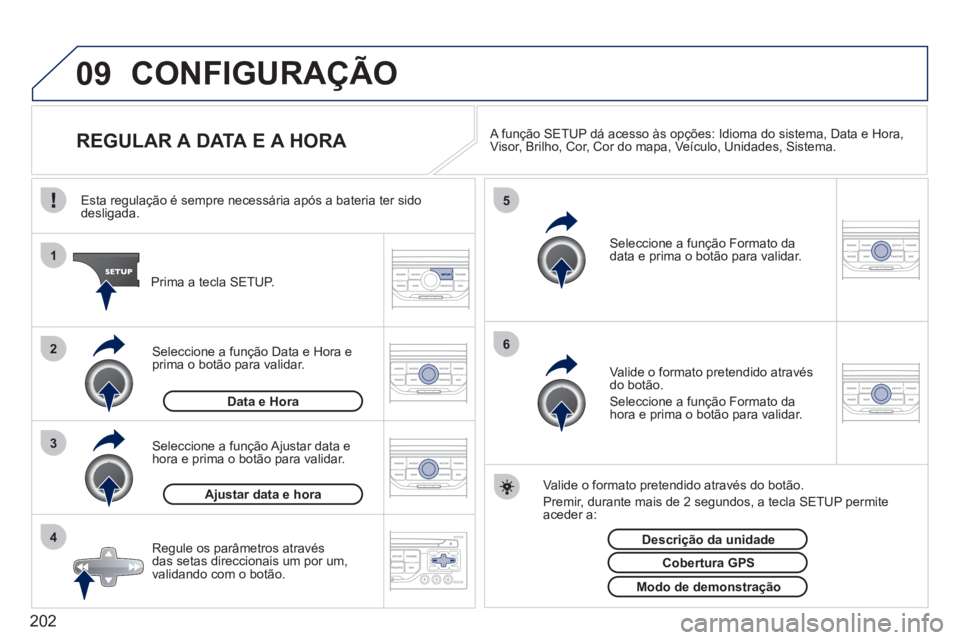 PEUGEOT 207 2011 Manual de utilização (in Portuguese) 202
09
4 3 2 1
65
CONFIGURAÇÃO
REGULAR A DATA E A HORA
A função SETUP dá acesso às opções: Idioma do sistema , Data e Hora ,
Visor , Brilho , Cor , PEUGEOT 207 2011 Manual de utilização (in Portuguese) 202
09
4 3 2 1
65
CONFIGURAÇÃO
REGULAR A DATA E A HORA
A função SETUP dá acesso às opções: Idioma do sistema , Data e Hora ,
Visor , Brilho , Cor ,
