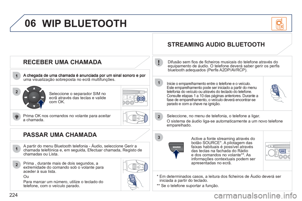 PEUGEOT 207 2011 Manual de utilização (in Portuguese) 224
06
2
1
2
2
3
RECEBER UMA CHAMADA
uma visualização sobreposta no ecrã multifunções.Inicie o emparelhamento entre o telefone e o veículo.Este emparelhamento pode ser iniciado a partir do PEUGEOT 207 2011 Manual de utilização (in Portuguese) 224
06
2
1
2
2
3
RECEBER UMA CHAMADA
uma visualização sobreposta no ecrã multifunções.Inicie o emparelhamento entre o telefone e o veículo.Este emparelhamento pode ser iniciado a partir do