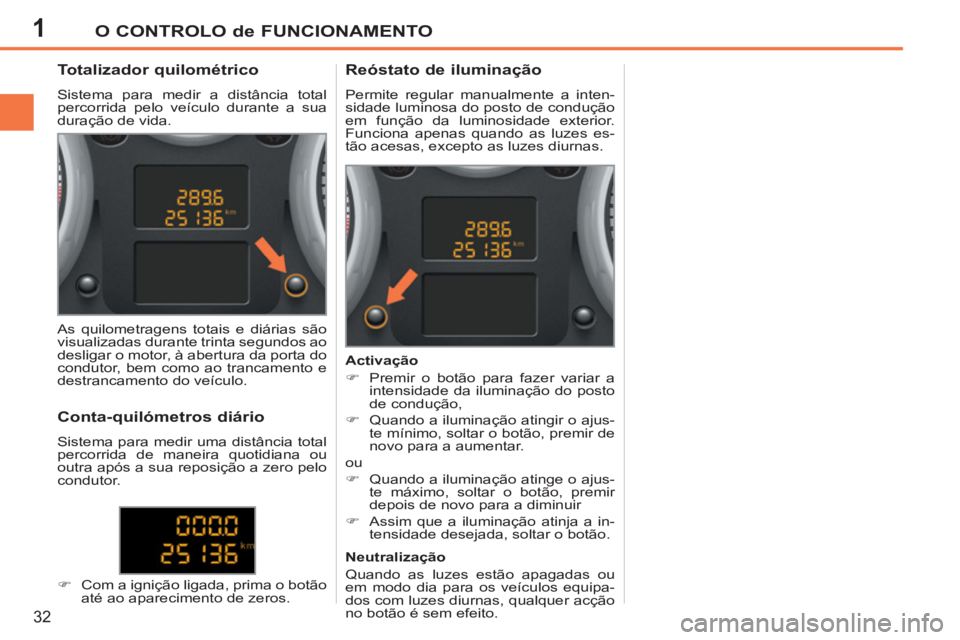 PEUGEOT 207 2011 Manual de utilização (in Portuguese) 1O CONTROLO de FUNCIONAMENTO
32
Totalizador quilométrico
Sistema para medir a distância total
percorrida pelo veículo durante a sua
duração de vida.
PEUGEOT 207 2011 Manual de utilização (in Portuguese) 1O CONTROLO de FUNCIONAMENTO
32
Totalizador quilométrico
Sistema para medir a distância total
percorrida pelo veículo durante a sua
duração de vida.