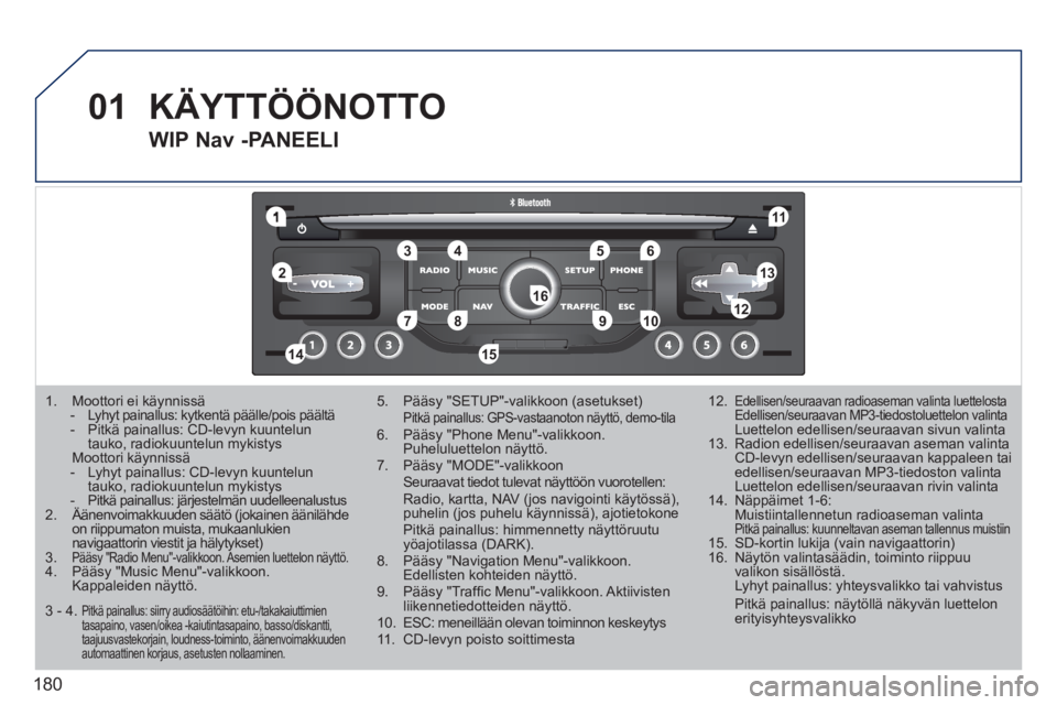 PEUGEOT 207 2011 Omistajan Käsikirja (in Finnish) 180
01
1
55
101
22
334466
131
111
99
144155
77881212161
1. Moottori ei käynnissä
- Lyhyt painallus: kytkentä päälle/pois päältä - Pitkä painallus: CD-levyn kuuntelun tauko, radiokuuntelu PEUGEOT 207 2011 Omistajan Käsikirja (in Finnish) 180
01
1
55
101
22
334466
131
111
99
144155
77881212161
1. Moottori ei käynnissä
- Lyhyt painallus: kytkentä päälle/pois päältä - Pitkä painallus: CD-levyn kuuntelun tauko, radiokuuntelu