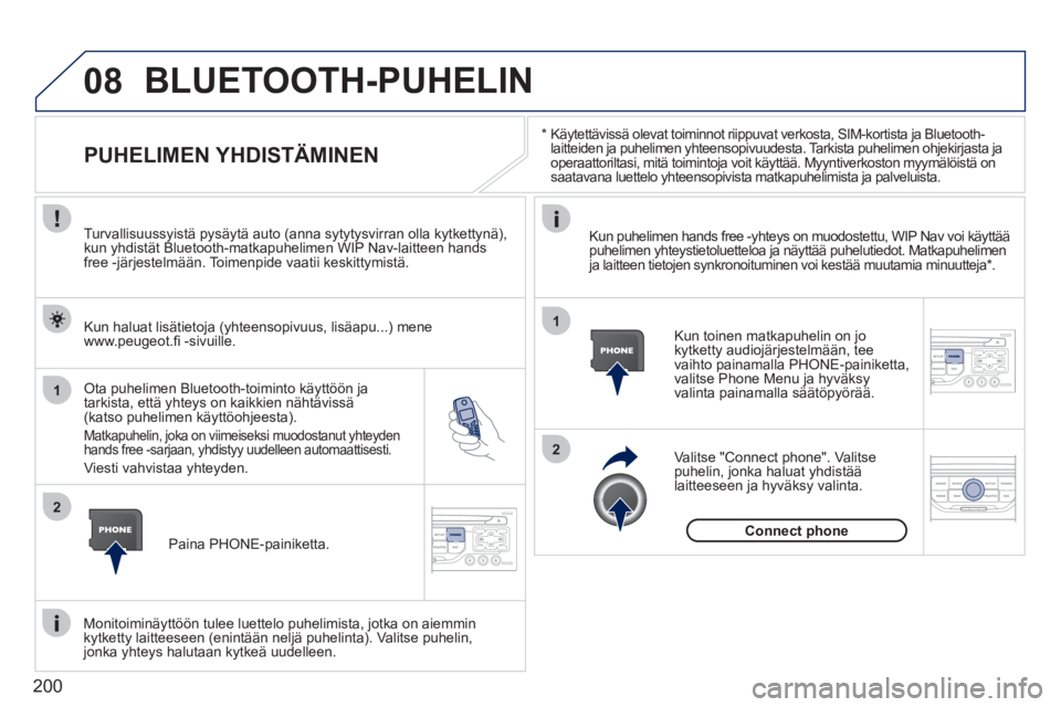 PEUGEOT 207 2011 Omistajan Käsikirja (in Finnish) 200
08
1
2
2
1
*
Käytettävissä olevat toiminnot riippuvat verkosta, SIM-kortista ja Bluetooth-laitteiden ja puhelimen yhteensopivuudesta. Tarkista puhelimen ohjekirjasta ja
operaattoriltas PEUGEOT 207 2011 Omistajan Käsikirja (in Finnish) 200
08
1
2
2
1
*
Käytettävissä olevat toiminnot riippuvat verkosta, SIM-kortista ja Bluetooth-laitteiden ja puhelimen yhteensopivuudesta. Tarkista puhelimen ohjekirjasta ja
operaattoriltas