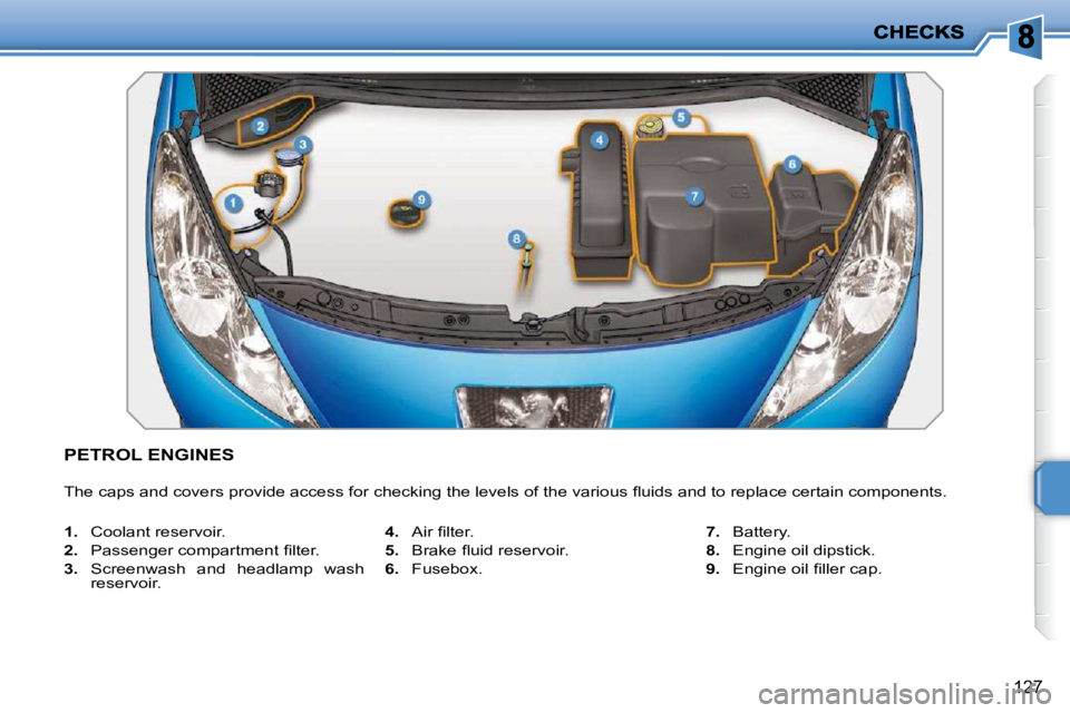 PEUGEOT 207 2010  Owners Manual 127
PETROL ENGINES 
� �T�h�e� �c�a�p�s� �a�n�d� �c�o�v�e�r�s� �p�r�o�v�i�d�e� �a�c�c�e�s�s� �f�o�r� �c�h�e�c�k�i�n�g� �t�h�e� �l�e�v�e�l�s� �o�f� �t�h�e� �v�a�r�i�o�u�s� �ﬂ� �u�i�d�s� �a�n�d� �t�o� 