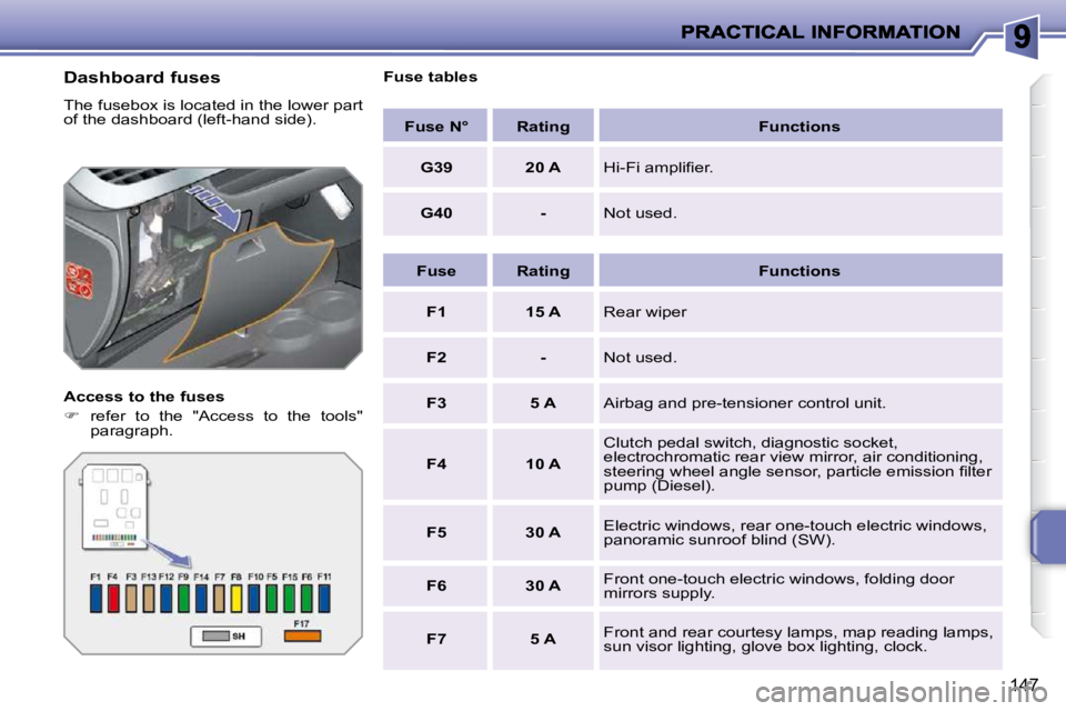 PEUGEOT 207 2010  Owners Manual 147
  Dashboard fuses  
� �T�h�e� �f�u�s�e�b�o�x� �i�s� �l�o�c�a�t�e�d� �i�n� �t�h�e� �l�o�w�e�r� �p�a�r�t�  
�o�f� �t�h�e� �d�a�s�h�b�o�a�r�d� �(�l�e�f�t�-�h�a�n�d� �s�i�d�e�)�.�  
  Access to the fu