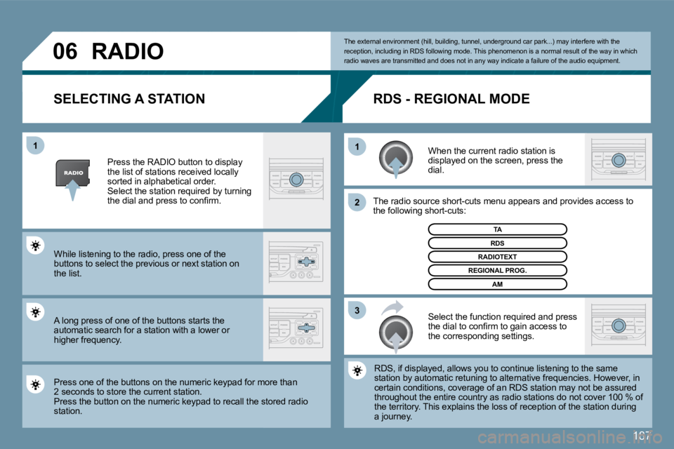 PEUGEOT 207 2010  Owners Manual 187
�0�6
�3
�2
�1
�1
�S�E�L�E�C�T�I�N�G� �A� �S�T�A�T�I�O�N� 
  When the current radio station is displayed on the screen, press the dial.  
� � �T�h�e� �r�a�d�i�o� �s�o�u�r�c�e� �s�h�o�r�t�-�c�u�t�s�