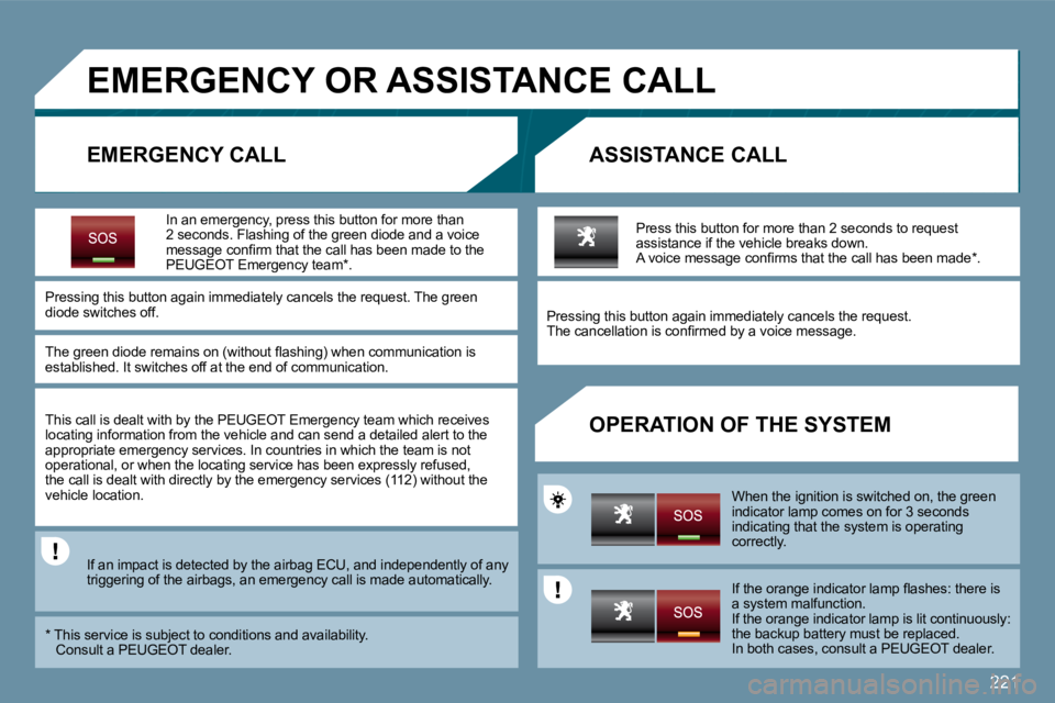 PEUGEOT 207 2010  Owners Manual 221
�E�M�E�R�G�E�N�C�Y� �O�R� �A�S�S�I�S�T�A�N�C�E� �C�A�L�L� 
� � �E�M�E�R�G�E�N�C�Y� �C�A�L�L� � � �A�S�S�I�S�T�A�N�C�E� �C�A�L�L� 
� � �O�P�E�R�A�T�I�O�N� �O�F� �T�H�E� �S�Y�S�T�E�M� 
� � �I�n� �a�